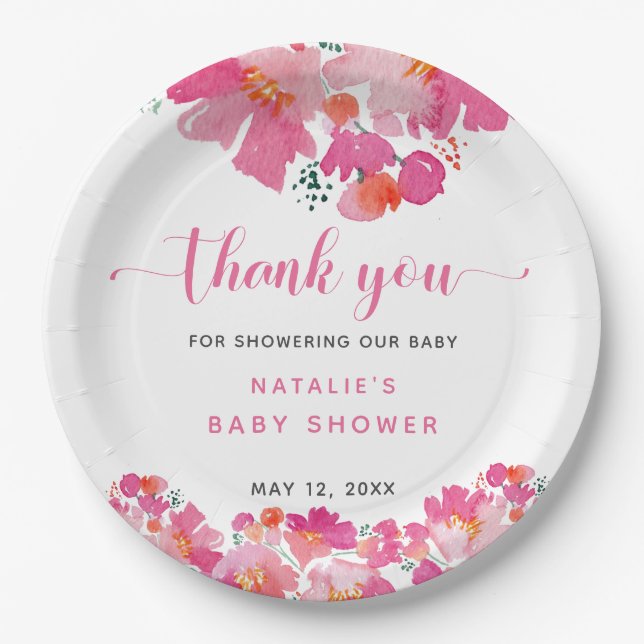 Assiettes En Carton Bébé en Fleur Baby shower rose Floral Aquarelle N (Devant)