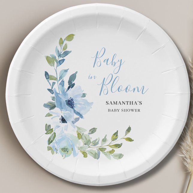 Assiettes En Carton Bébé En Fleur Bleu Floral Baby shower Garçon (Créateur téléchargé)