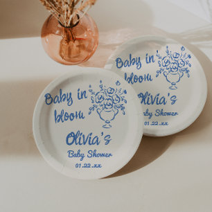 Assiettes En Carton Bébé En Fleur Bleu Main Tirée Baby shower Floral