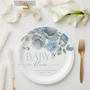 Assiettes En Carton Bébé en Fleur Dusty bleu fleuri baby shower garçon