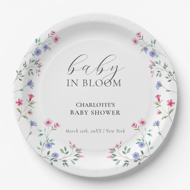 Assiettes En Carton Bébé en fleur | Élégant Baby shower Fleur sauvage (Devant)
