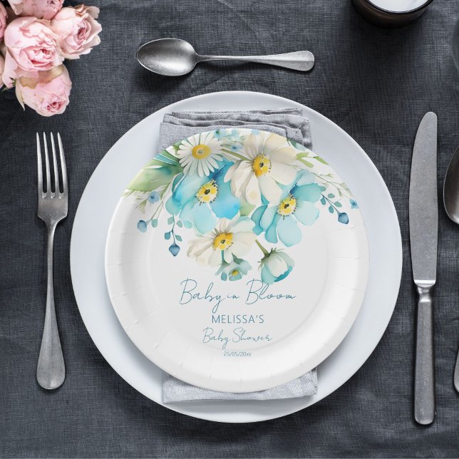 Assiettes En Carton Bébé en fleur printemps baby shower d'été vaissell (Baby in bloom spring summer baby shower personalized tableware template paper plates blue daisy)