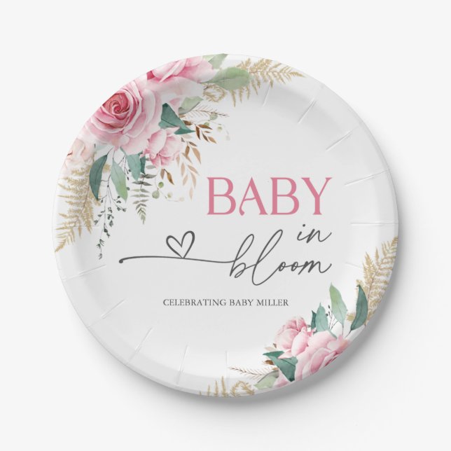 Assiettes En Carton Bébé En Fleur Rose Baby shower Plaques en papier (Devant)