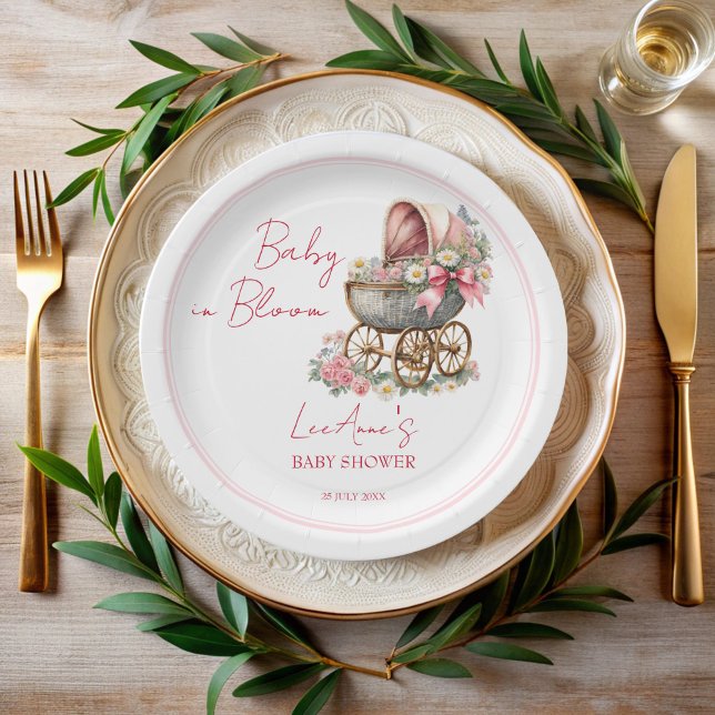 Assiettes En Carton Bébé en fleur vintage baby shower de fleurs de car (Baby in bloom vintage carriage  pink bow flowers baby shower personalized paper plates)