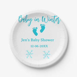 Assiettes En Carton Bébé en hiver baby shower bleu bébé pieds snowflak