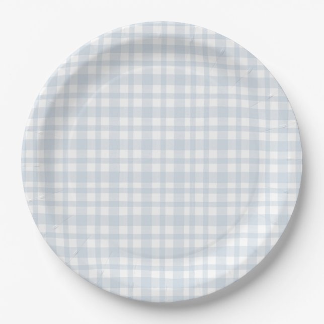 Assiettes En Carton Bébé en Jean Bleu Fête Prénatale Gingham  (Devant)