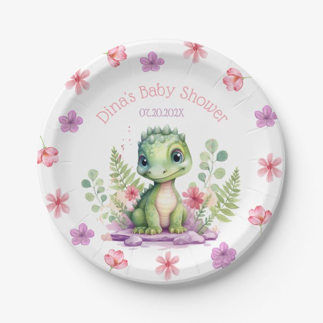 Assiettes En Carton Bébé Fille Dinosaure rose et violet Fleurs (Devant)