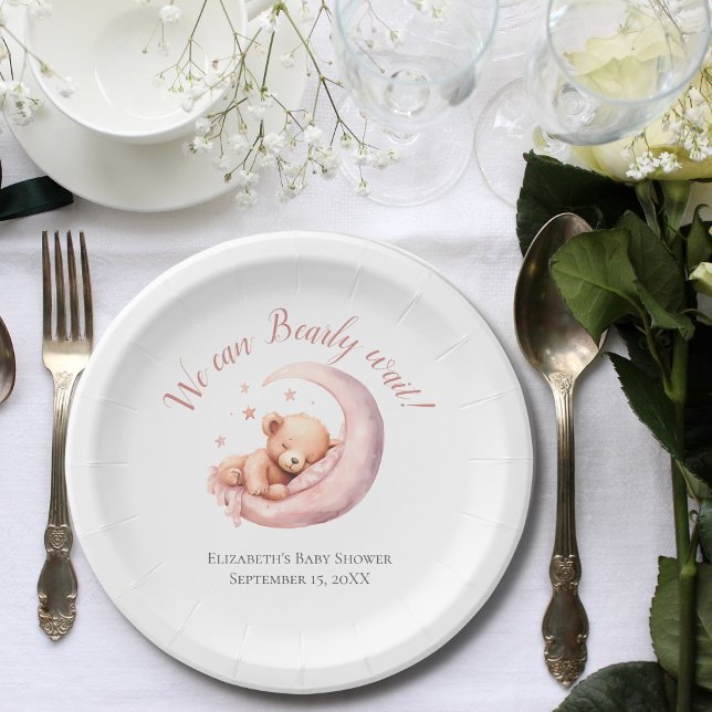 Assiettes En Carton Bébé Fille rose Ours Lune Baby shower d'attente pr (Girl Baby Shower  We Can Bearly Wait Personalized paper plates. Bear sleeping in moon Pink)