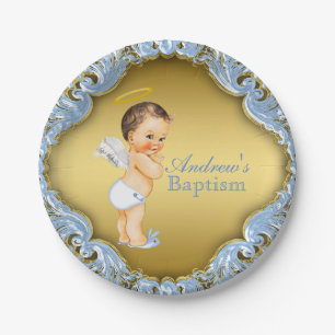 Assiettes En Carton Bébé garçon ange bleu or baptême