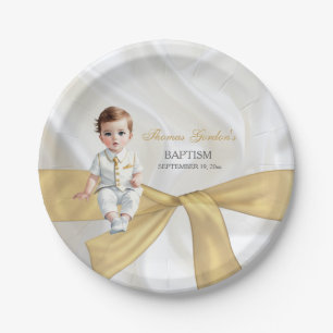 Assiettes En Carton Bébé garçon Baptême Christening Or Blanc