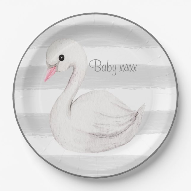 Assiettes En Carton Bébé Genre Neutre Swan Gris Baby shower Script (Devant)