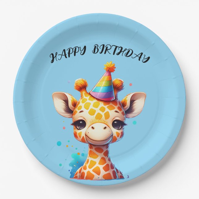 Assiettes En Carton bébé girafe avec anniversaire de casquette de fête (Devant)