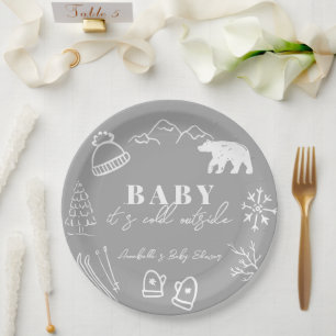 Assiettes En Carton Bébé Gris Il Fait Froid Dehors Baby Shower Dessiné