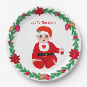 Assiettes En Carton Bébé joyeux Noël, cœur et couronne de pin