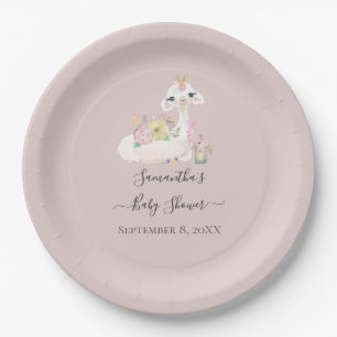 Assiettes En Carton Bébé lama avec des fleurs blanches et roses Adorab