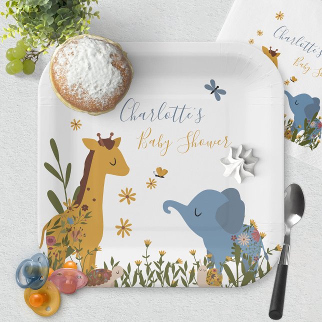 Assiettes En Carton Bébé mignon Animaux Floral Baby shower Carré (Giraffe Elephant Snail Turtle Baby Shower Square Paper Plates ©Susanne Sachers - Sunny Mind Design )