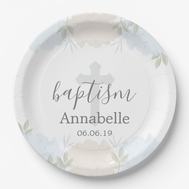 Assiettes En Carton Bébé mignon Bleu Floral Baptême bébé (Devant)