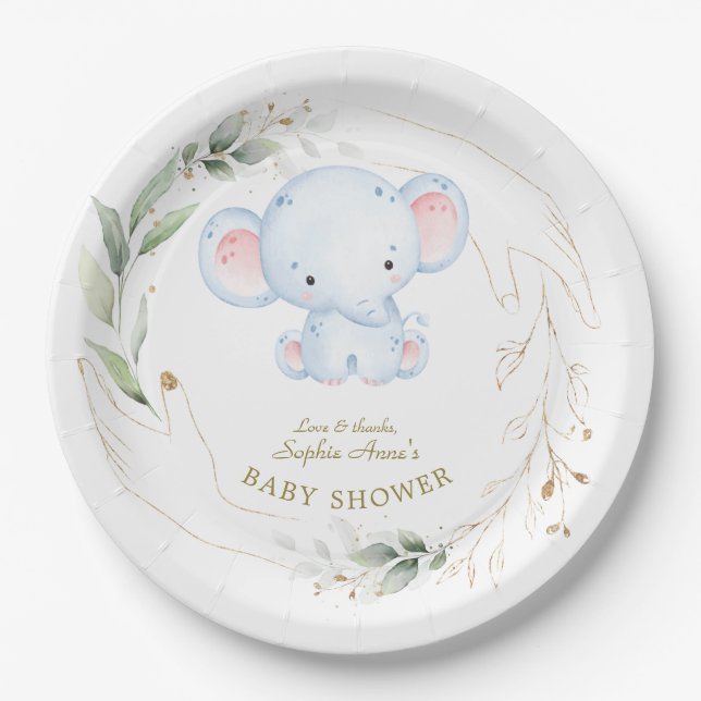Assiettes En Carton Bébé mignon Eléphant Jungle Baby shower vert (Devant)