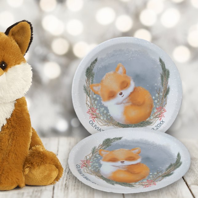 Assiettes En Carton Bébé mignon Fox Baby shower hiver neige (Créateur téléchargé)
