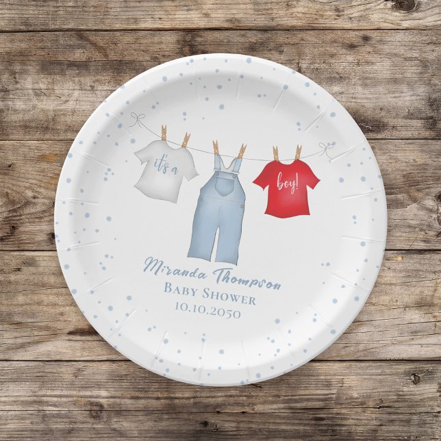 Assiettes En Carton Bébé mignon Garçon Whimsical Denim Bleu Vêtements  (Créateur téléchargé)