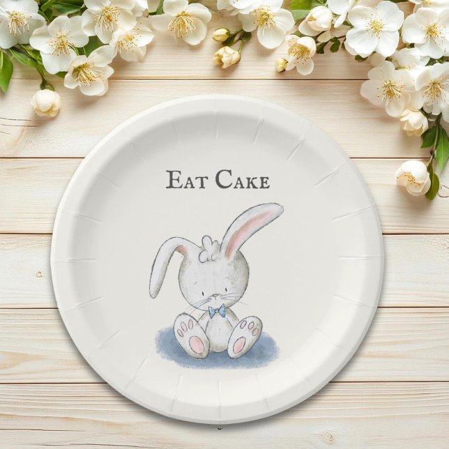 Assiettes En Carton Bébé mignon lapin avec Cravate Bleu Bow Manger Gât (Créateur téléchargé)
