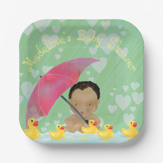 Assiettes En Carton Bébé mignon Pluie Caoutchouc Baby shower parapluie (Recto)