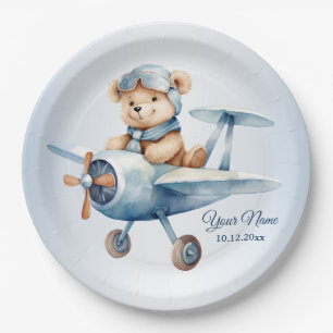 Assiettes En Carton Bébé mou Ours Pilote Avion bleu