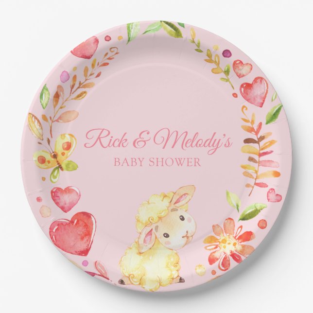 Assiettes En Carton Bébé mouton / Agneau rose et jeune fille Baby show (Devant)