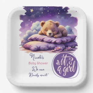 Assiettes En Carton Bébé ours dormant violet Galaxy Baby shower fille