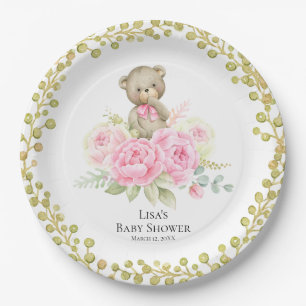 Assiettes En Carton Bébé ours fille Fleurs roses   Plaques de papier