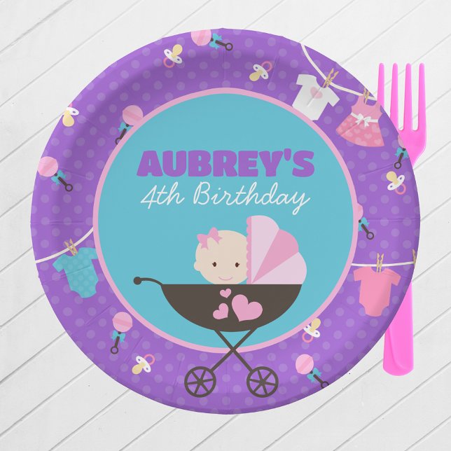 Assiettes En Carton Bébé Poupée Anniversaire Personnalisé Plaques de p (Personalized Baby Doll Birthday  Party Paper Plates in Purple, Pink and Teal Blue. 2 Sizes Available)
