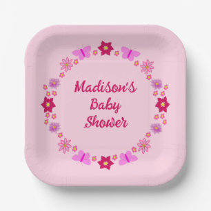 Assiettes En Carton Bébé rose Baby shower papillons et fleurs
