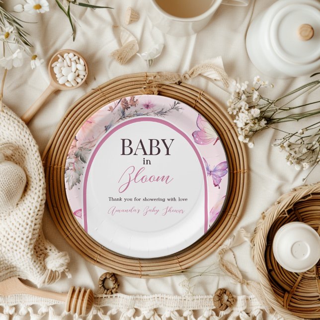 Assiettes En Carton Bébé rose papillon en fleur Baby shower fille (Créateur téléchargé)