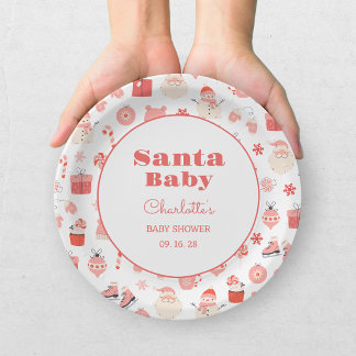 Assiettes En Carton Bébé Santa Fête de Noël Bébé Fille Shower Rose et