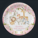 Assiettes En Carton Bébé sauvage d'animaux de la Jungle Safari Anniver<br><div class="desc">Cette adorable plaque en papier présente d'élégantes fleurs roses rousses,  une douce verdure botanique,  des confettis de parties scintillant d'or rose et un groupe d'animaux de la jungle. Cliquez sur le bouton "customiser plus loin" si vous souhaitez réorganiser et formater le style et l'emplacement du texte.</div>