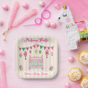 Assiettes En Carton Bébé Shower Fille Mahjong Bleu