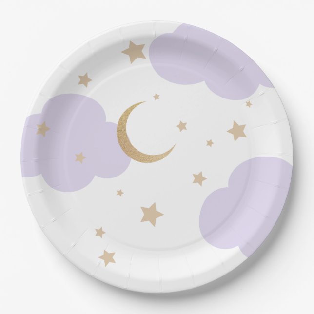 Assiettes En Carton Bébé Shower Violet Dans la Lune  (Devant)