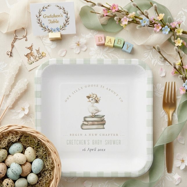 Assiettes En Carton Bébé Silly Goose Nouvelle Chapitre Fête Prénatale  (Silly Goose New Chapter Spring Baby Shower Paper Plates)