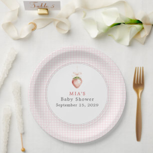 Assiettes En Carton Bébé Sucré Coquette Gingham à la Fraise