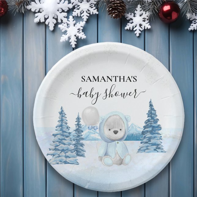 Assiettes En Carton Bébé Teddy Ours Noël Hiver Bleu (Créateur téléchargé)