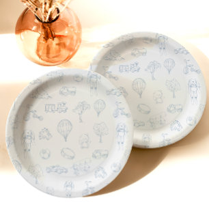 Assiettes En Carton Bébé toile de Jouy bleu shower