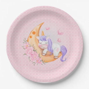 Assiettes En Carton Bébé Unicorne au-dessus de la lune avec fleurs