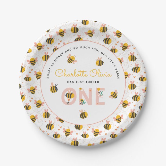 Assiettes En Carton Bee Yellow & Pink Floral ONE 1er anniversaire de b (Devant)