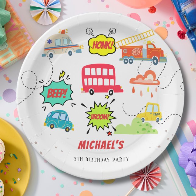 Assiettes En Carton Beep de Honk vroom véhicules heureux garçon annive (Créateur téléchargé)