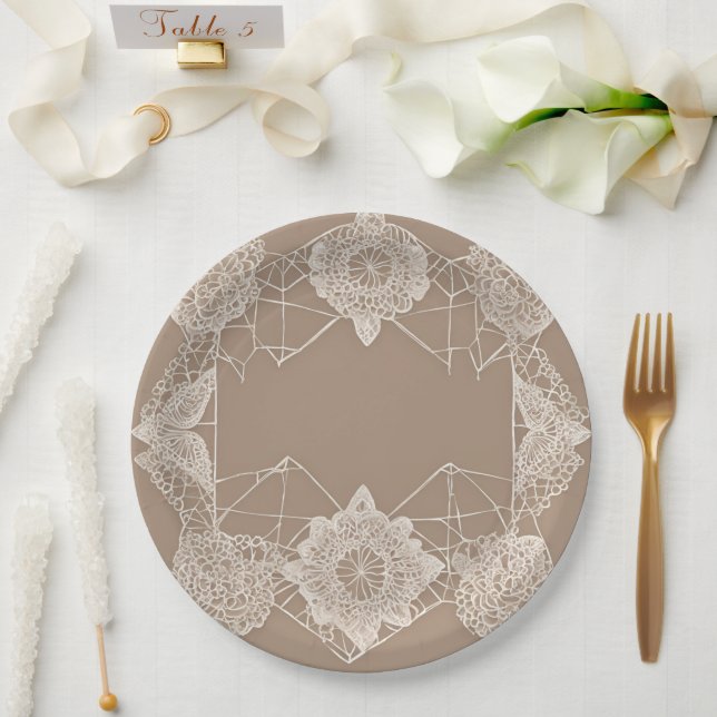 Assiettes En Carton Beige and white patterns AI art  (Mariage)