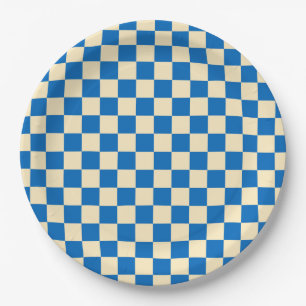 Assiettes En Carton Beige + Bleu Chèque À damiers Motif en damier