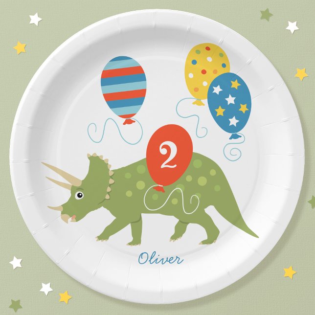 Assiettes En Carton Belle Anniversaire Dinosaur Tricératops Nom person (Créateur téléchargé)