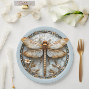 Assiettes En Carton Belle Art Déco Enamel Libellule Perles d'Or