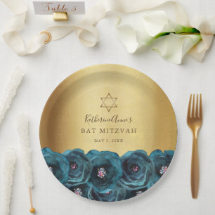 Assiettes En Carton Belle Bat Mitzvah Rose Florale Turquoise Or