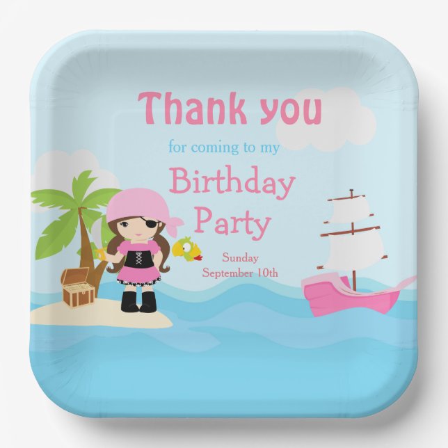 Assiettes En Carton Belle Brunette Pirate Girl en rose fête d'annivers (Recto)